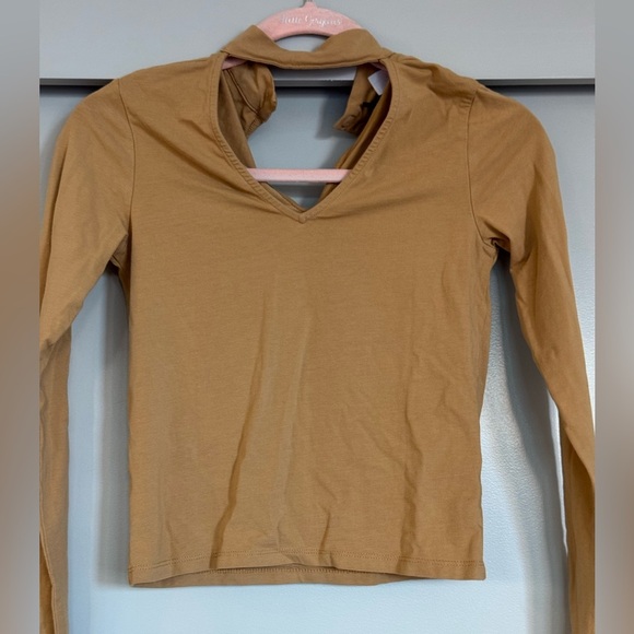 Camel Long Sleeve Choker V Neck Top - Picture 1 of 6